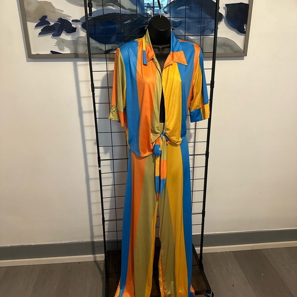 Women’s Plus Size Multi Color Two Piece Collar Self Tie Crop Top Wide Pants Set - Picture 7 of 14